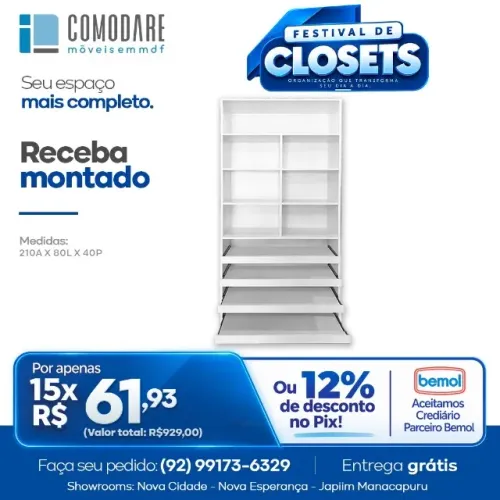 Sapateira Closet 80cm com Prateleiras - R$ 929,00