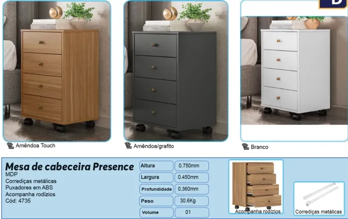 Mesa de cabeceira presence 4 gavetas