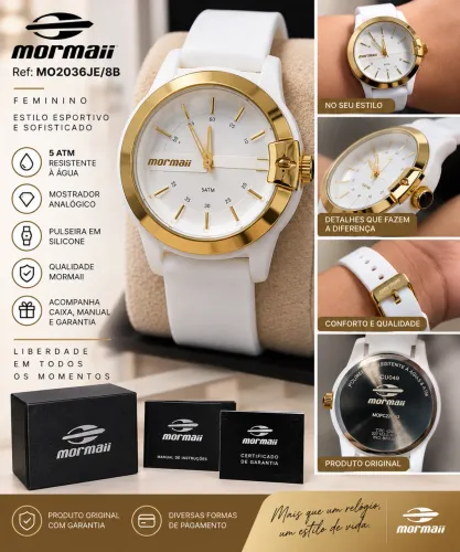 Relógio Mormaii Unisexx MO2036JE/8B Branco e Dourado - Novo