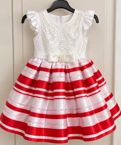 Vestido Infantil de Festa Vermelho e Branco com Pérolas