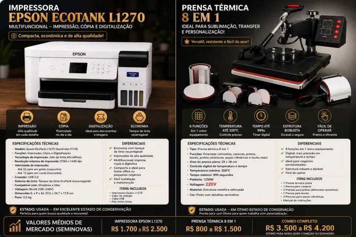 Kit Sublimação  - Epson SureColor F170 + Prensa Térmica 8 em 1