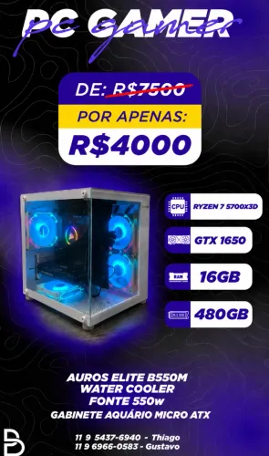 PC Gamer Ryzen 7 5700X3D + GTX 1650 + 16 GB RAM + SSD 480 GB + WATER COOLER