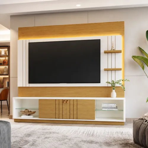 Estante para Tv 65 Polegadas com Led Guaíba Off White / Amendoa