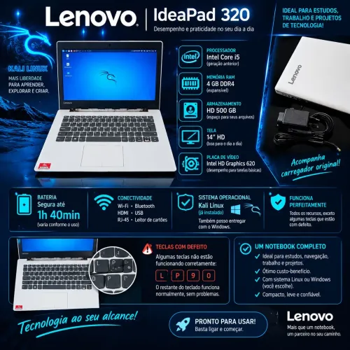 Lenovo IdeaPad 320 de 14 polegadas, branco, com Intel Core i5, 4 GB de RAM e HD de 500 GB