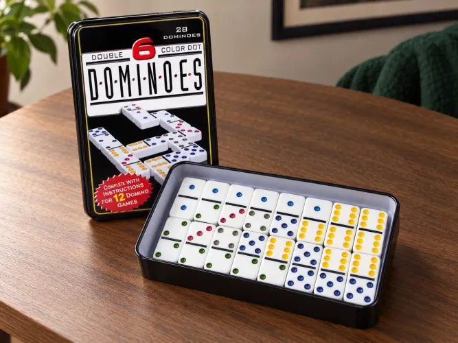 Jogo de Dominó Duplo 6 com 28 Peças Coloridas e Estojo metálico