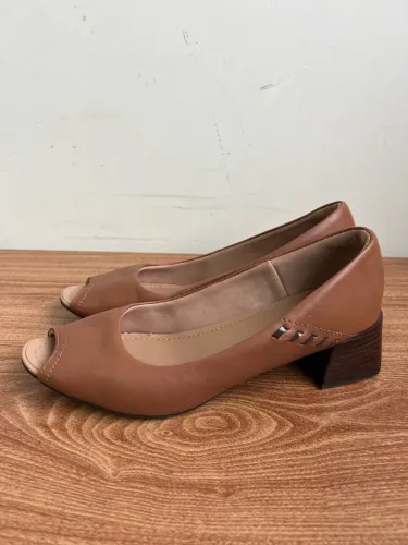 Sapato Usaflex Feminino Caramelo Salto Bloco Peep Toe - 37