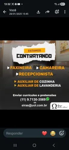 Recepcionista, camareira, aux cozinha, aux lavanderia, faxineira