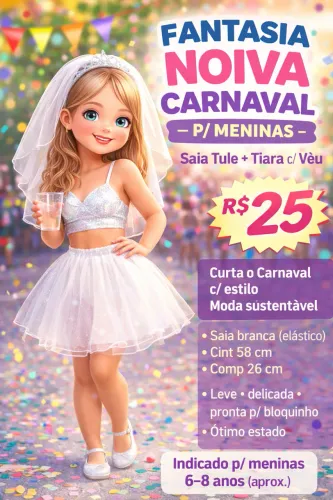 FANTASIA NOIVA CARNAVAL - SAIA TULE + TIARA C/ VÉU