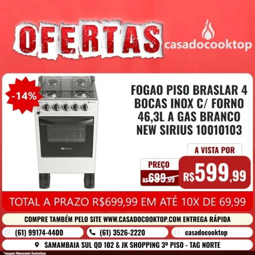 FOGAO PISO BRASLAR 4 BOCAS INOX C/ FORNO 46,3L A GAS BRANCO NEW SIRIUS 10010103
