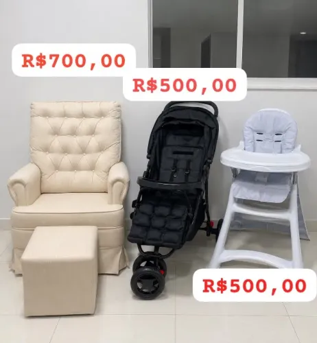 Poltrona de amamentação, cadeira de alimentação e carrinho de bebê