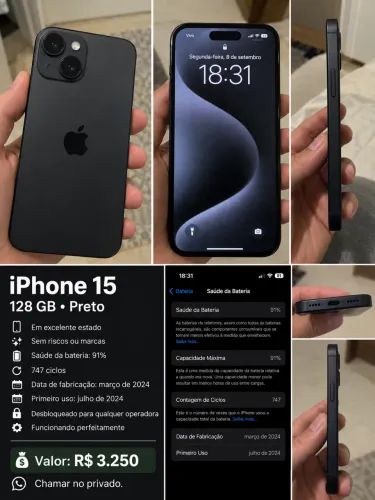 iPhone 15 128Gb preto perfeito estado