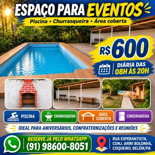 Aluguel de Espaço para Eventos com Piscina e Churrasqueira | Coqueiro, Belém