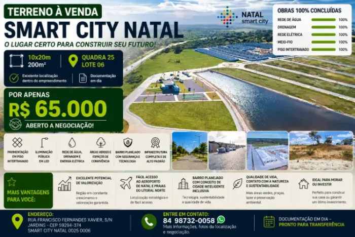 Terreno 10x20 (200m²) na Smart City Natal - Quadra 25, Lote 06 - R$ 65.000