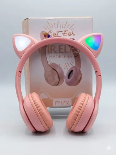 Fone Bluetooth Orelha de Gato Rosa Led headphone