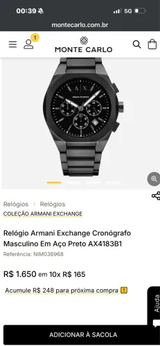 Vendo relógio Armani Exchange masculino, preto, com cronógrafo e pulseira de metal.