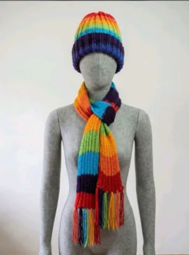 kit inverno arco-íris: cachecol longo 2,20m + gorro beanie tricô