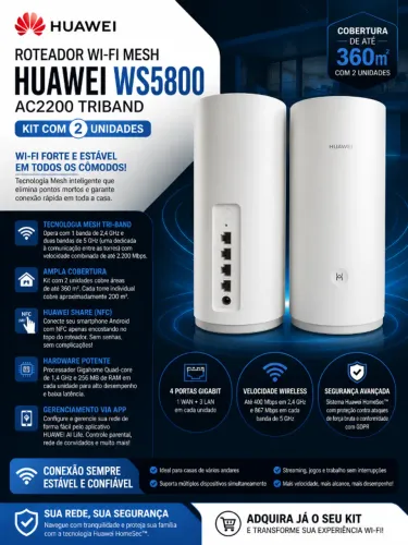 Roteador Wi-Fi Mesh Huawei WS5800 AC2200 Triband Kit 2 Unidades - Alta Cobertura