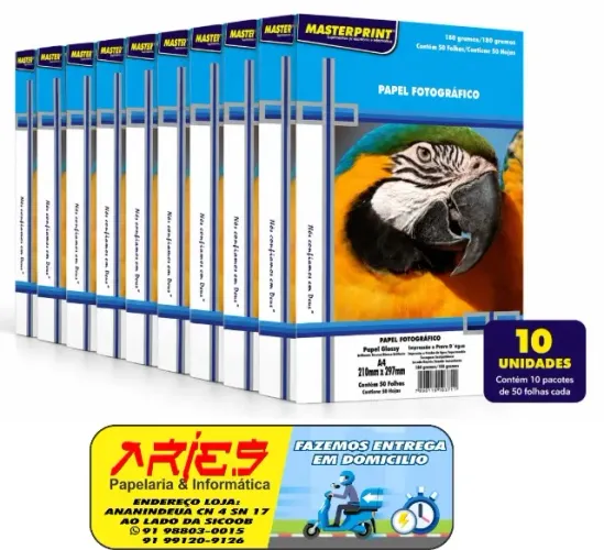 10 PACOTES PAPEL FOTO MASTERPRINT GLOSSY A4 180G 50 FOLHAS