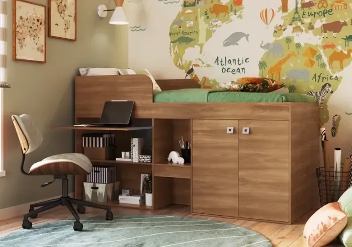 Cama solteiro alta Monterrey com mesa estudos 