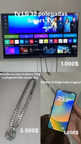 Tv smart, cordão de prata e iPhone 12 64gb