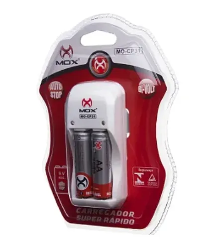 Carregador de Pilha Mox MO-CP31 Bivolts com 2 Pilhas AA 2600Mah Recarregável