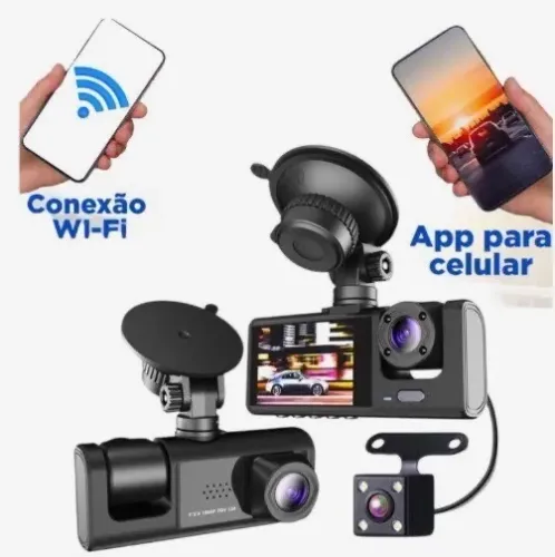 Câmera automotiva tripla Gravador De Condução, app Wi-Fi Visao noturna