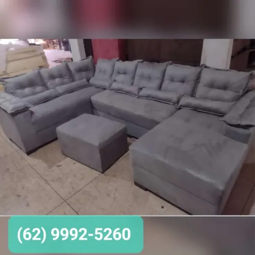 Sofá de Canto com Chaise Completo Cinza com Puff