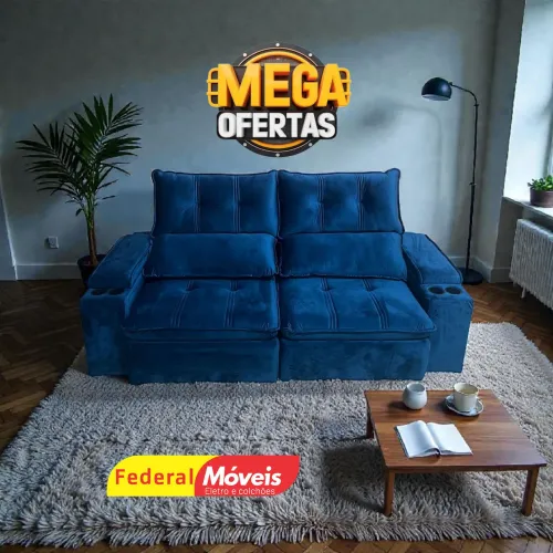 Sofá 2,24m Retrátil/Reclinável Braços c/ Porta Copos - Temos Crediário 