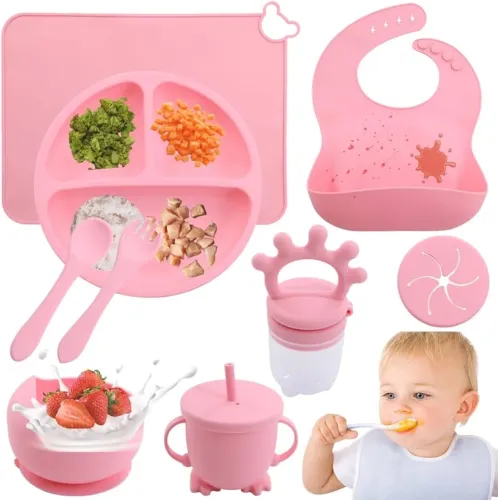 Kit conjunto 10 peças introdução alimentar rosa silicone 