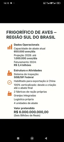 Frigorífico de frango vende no Sul do Brasil. 7.100 Bilhões.