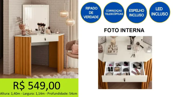 Penteadeira ripada seu móvel com garantia e modernidade