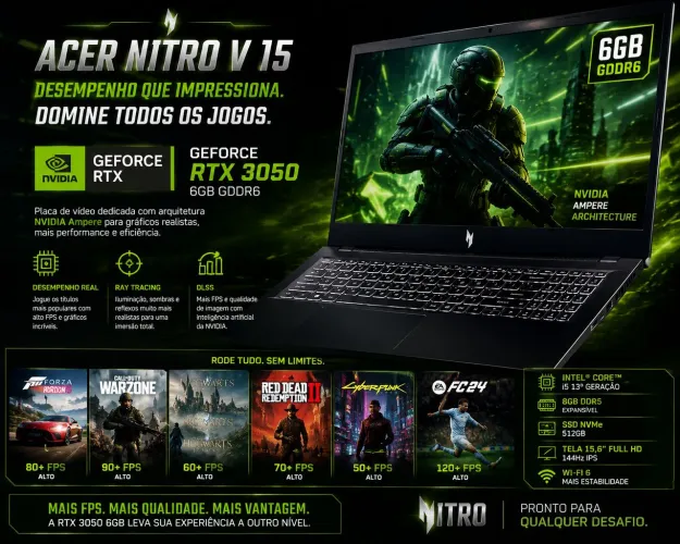 Acer Nitro V15 RTX 3050 6GB i5 13ª Geração + Caixa + Manuais 