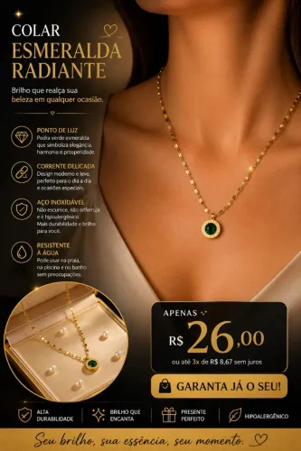 Colar Esmeralda Radiante Aço Inoxidável - Pedra Verde Hipoalergênico Resistente à Água