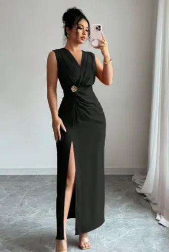 Olia Maree Vestido Aderente Plissado com Abertura Lateral