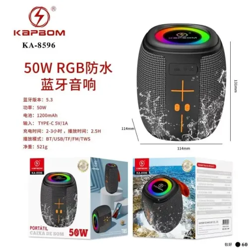 Caixa de Som Bluetooth Potencia 50W LED RGB Aprovada Água Kapbom