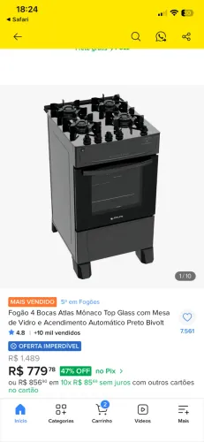 Fogão 4 bocas mesa de vidro preto