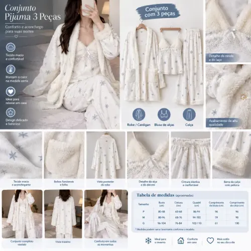 conjunto de 3 peças, pijama feminino peluciado branco m