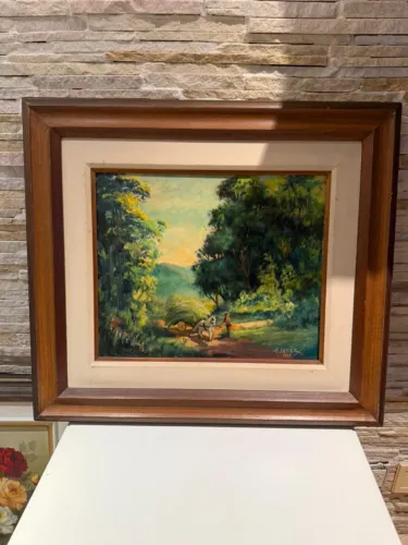 Quadro antigo óleo sobre tela - paisagem rural com carro de boi - assinado
