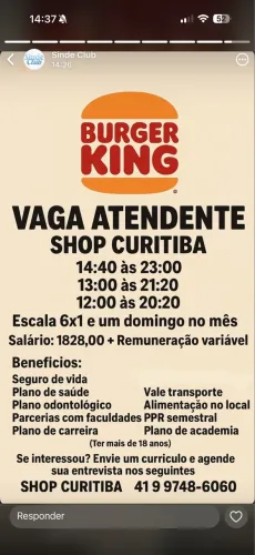 vaga atendente bk shopping curitiba