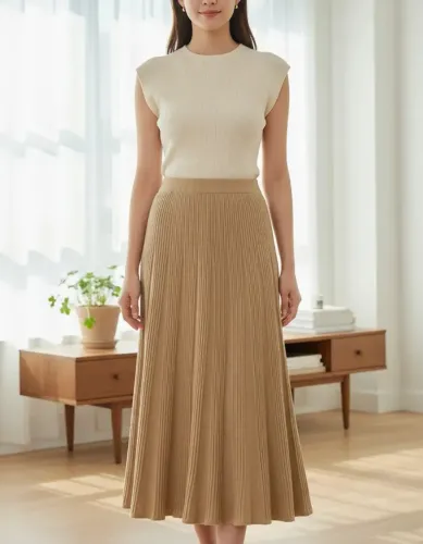 Saia midi plissada tricot cor de areia - tam G - Bonneterie