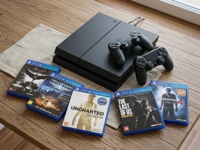 PLAYSTATION 4 500GB + 2 CONTROLES + 5 JOGOS ORIGINAIS