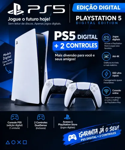PS5 Digital 825GB Semi Novo + 2 Controles Originais Impecável