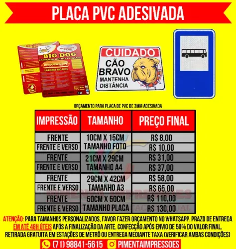 Placa PVC adesivada (cardápio, placa e etc)