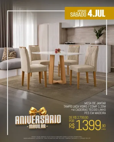 Mesa de jantar com 4 cadeiras com pés em madeira e linho