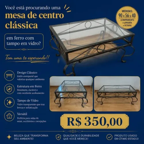 Mesa de centro Clássica em ferro com tampo em vidro