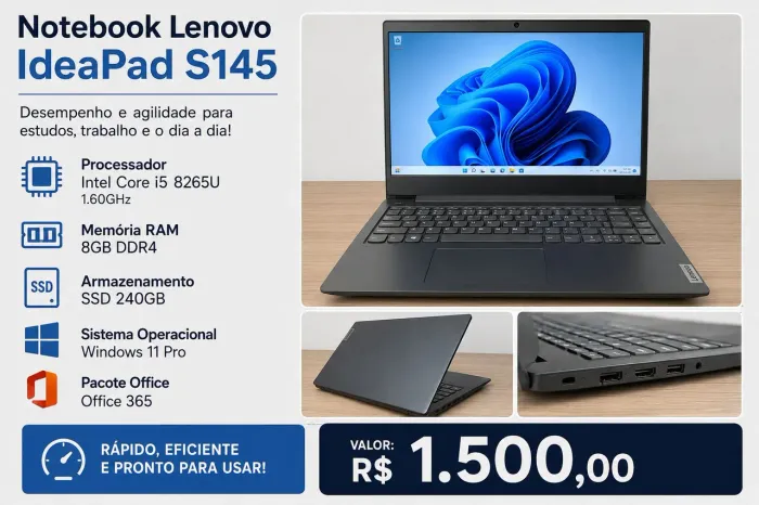 Notebook Lenovo IdeaPad S145 - i5, 8GB RAM, SSD 240GB - Windows 11 Pro + Office 365
