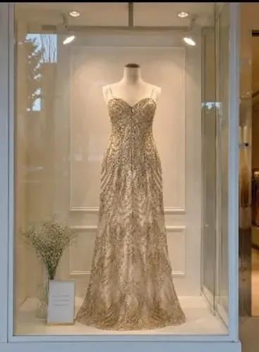 Vestido Longo Bordado Luxo Nude/Champagne - Elegâcia e Sofisticação.