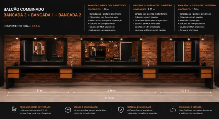 4 bancadas de corte para barbearia + 2 espelhos