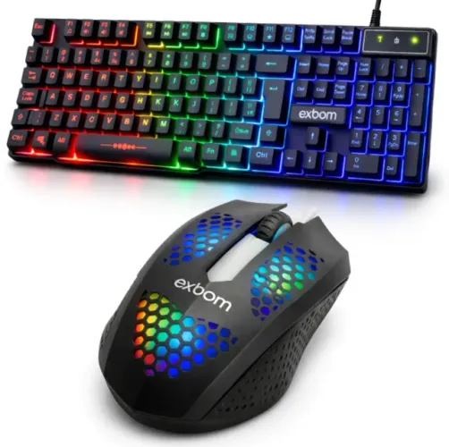 Kit Gamer Teclado Semi Mecânico ABNT2 + Mouse RGB com fio PC Notebook Exbom
