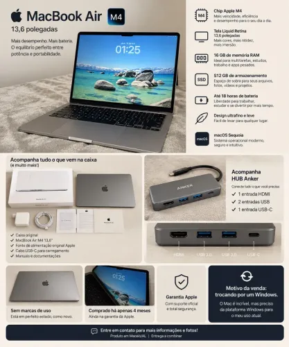 MacBook Air M4 | 16GB / 256GB | 4 Meses de Uso + Hub Anker (Com Garantia)
